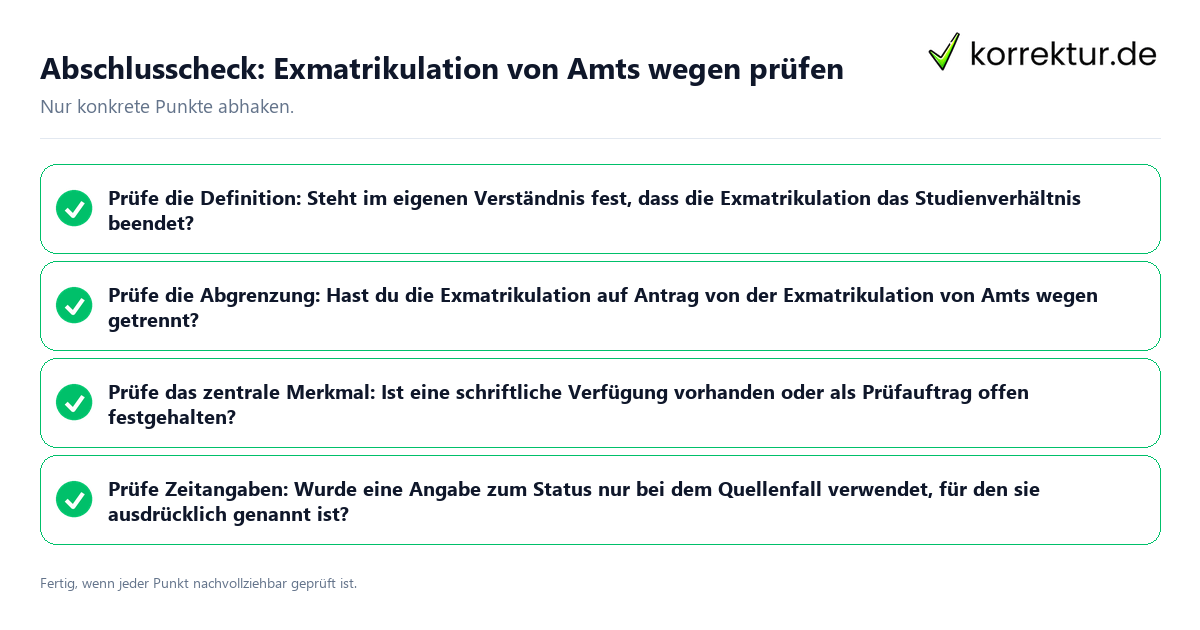 Abschlusscheck: Exmatrikulation von Amts wegen prüfen Konkreter Abschlusscheck zu Exmatrikulation von Amts wegen prüfen