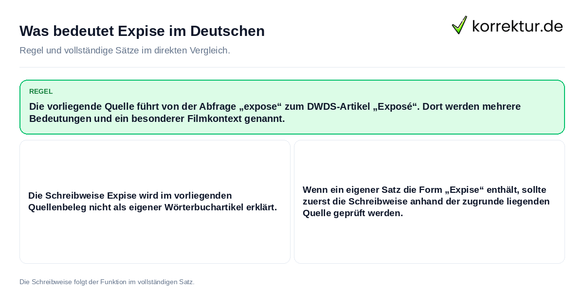 Konkrete Regel und vollständige Beispielsätze zu Was bedeutet Expise im Deutschen