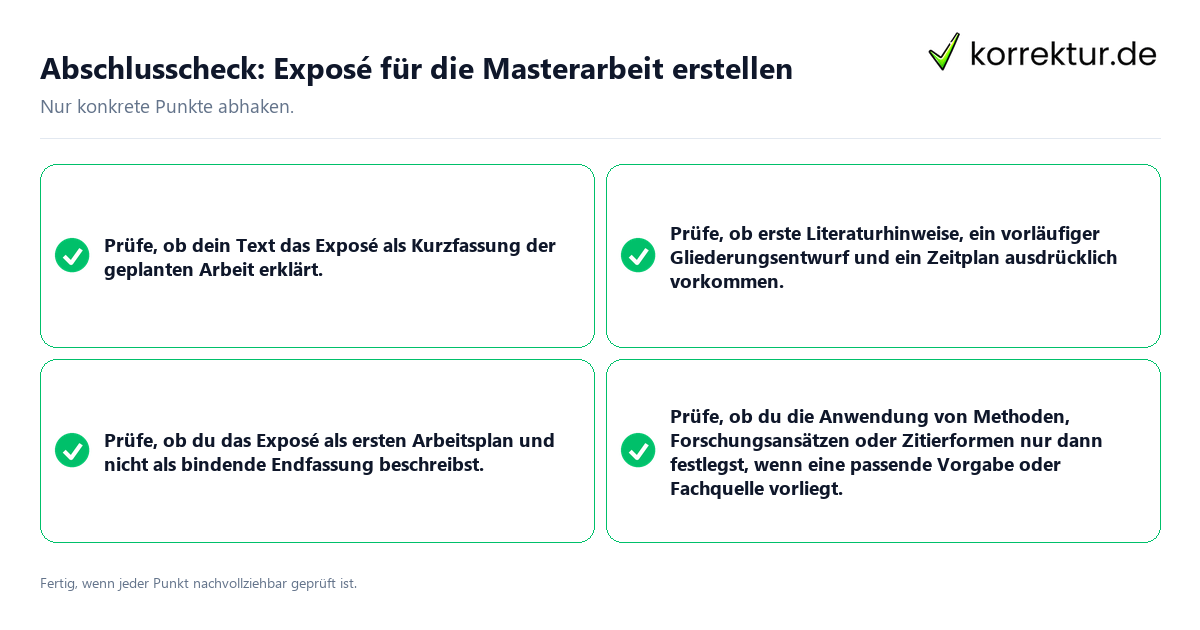 Konkreter Abschlusscheck zu Exposé für die Masterarbeit erstellen
