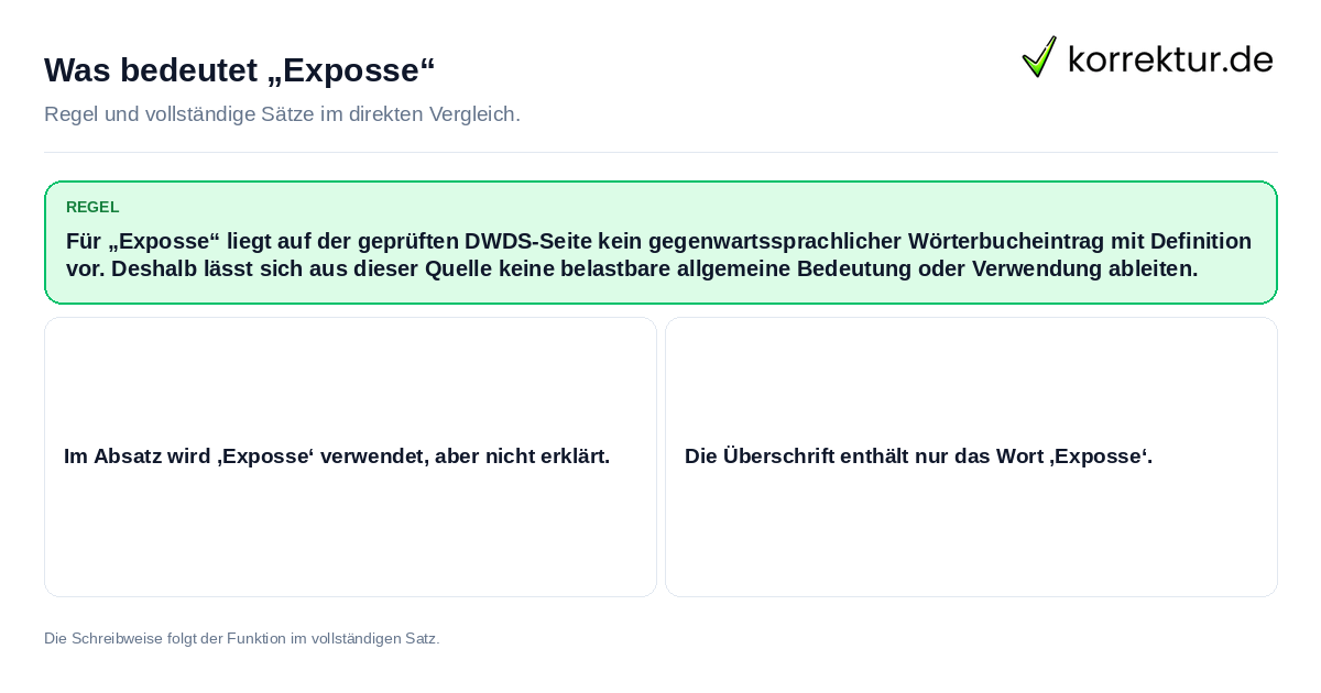 Konkrete Regel und vollständige Beispielsätze zu Was bedeutet „Exposse“
