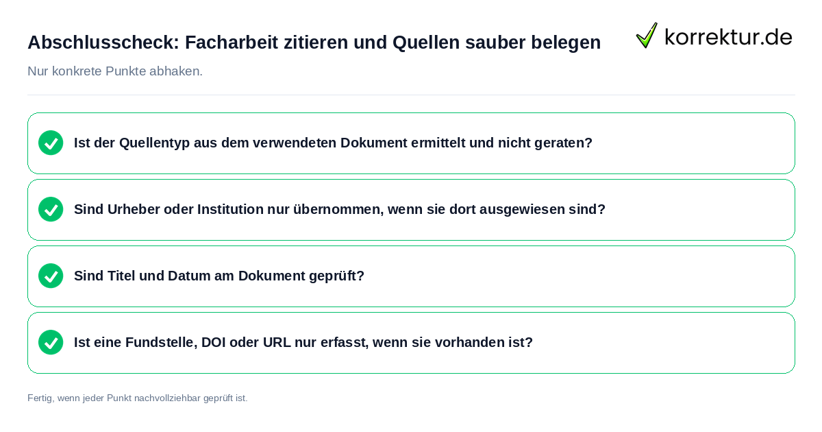 Abschlusscheck: Facharbeit zitieren und Quellen sauber belegen Konkreter Abschlusscheck zu Facharbeit zitieren und Quellen sauber belegen