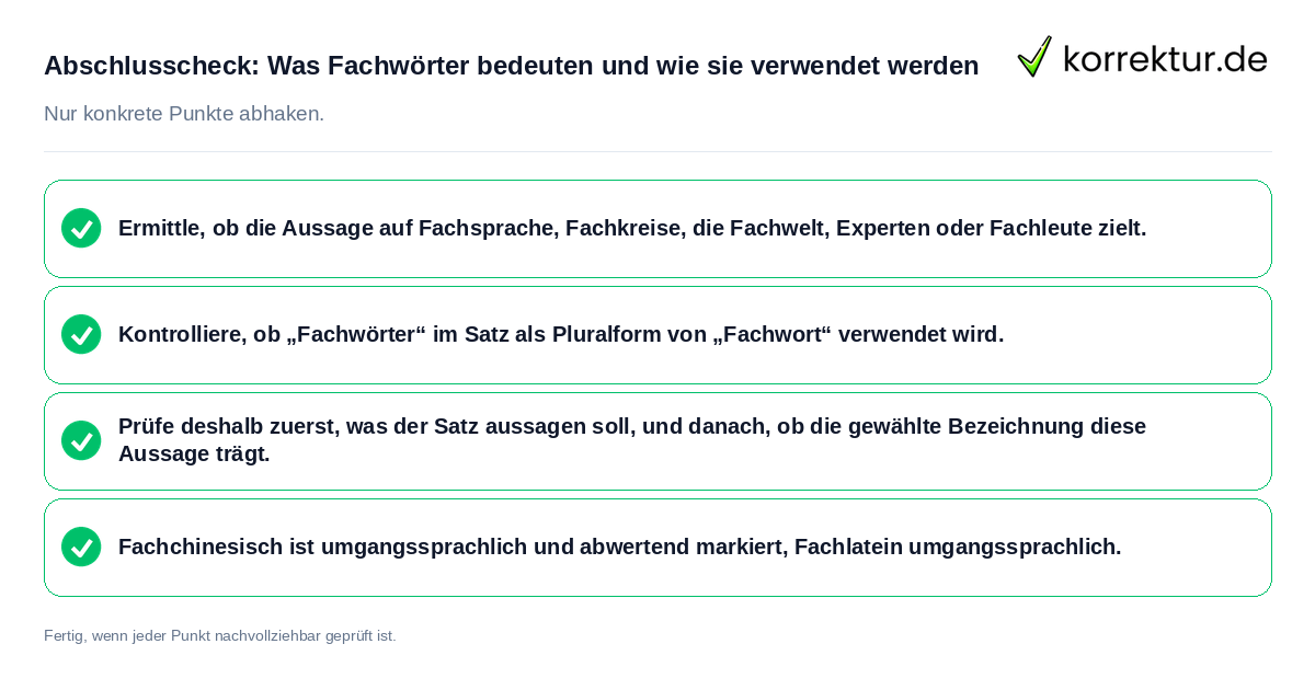 Konkreter Abschlusscheck zu Was Fachwörter bedeuten und wie sie verwendet werden