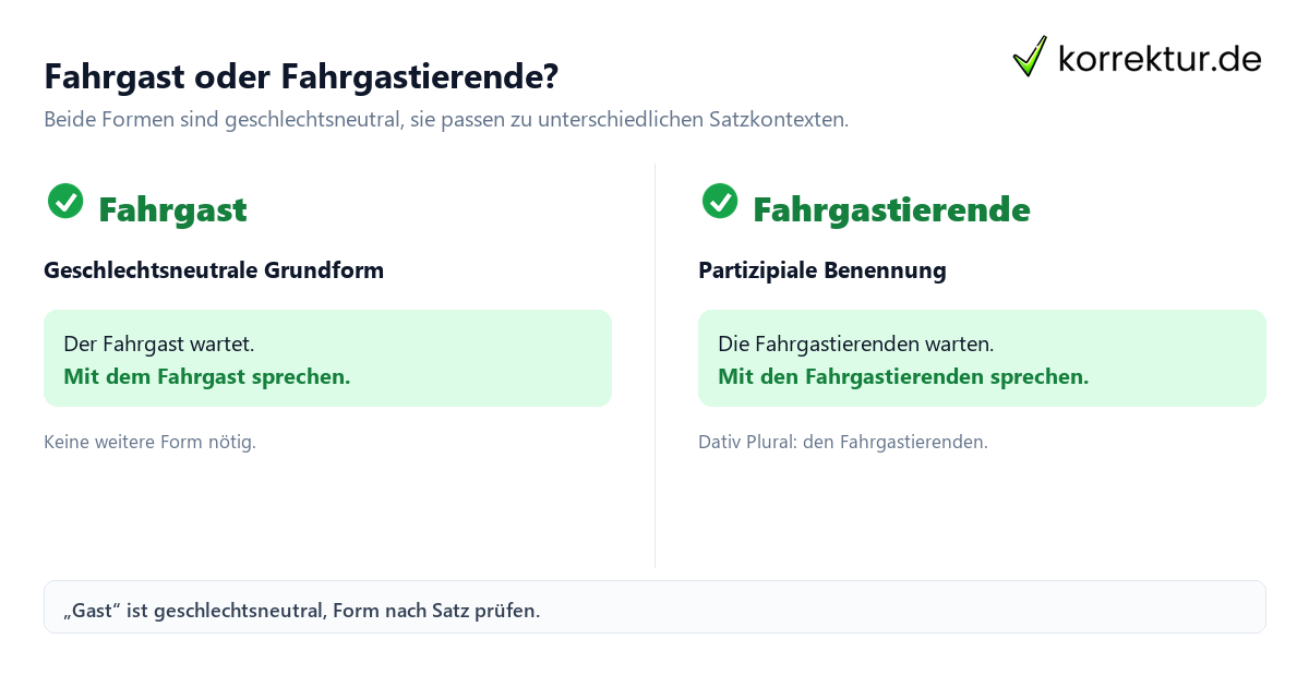 Fahrgast gendern und passend im Satz verwenden: Fahrgast und Fahrgastierende im Vergleich