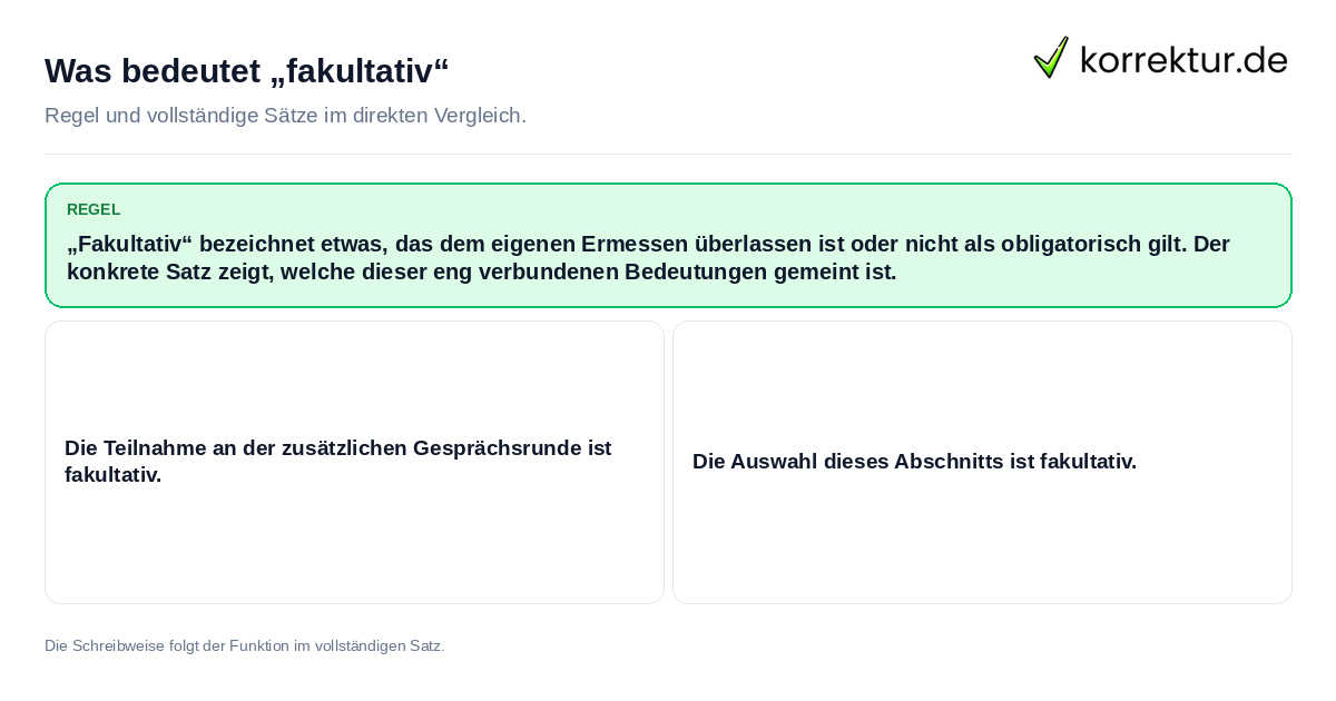 Konkrete Regel und vollständige Beispielsätze zu Was bedeutet „fakultativ“
