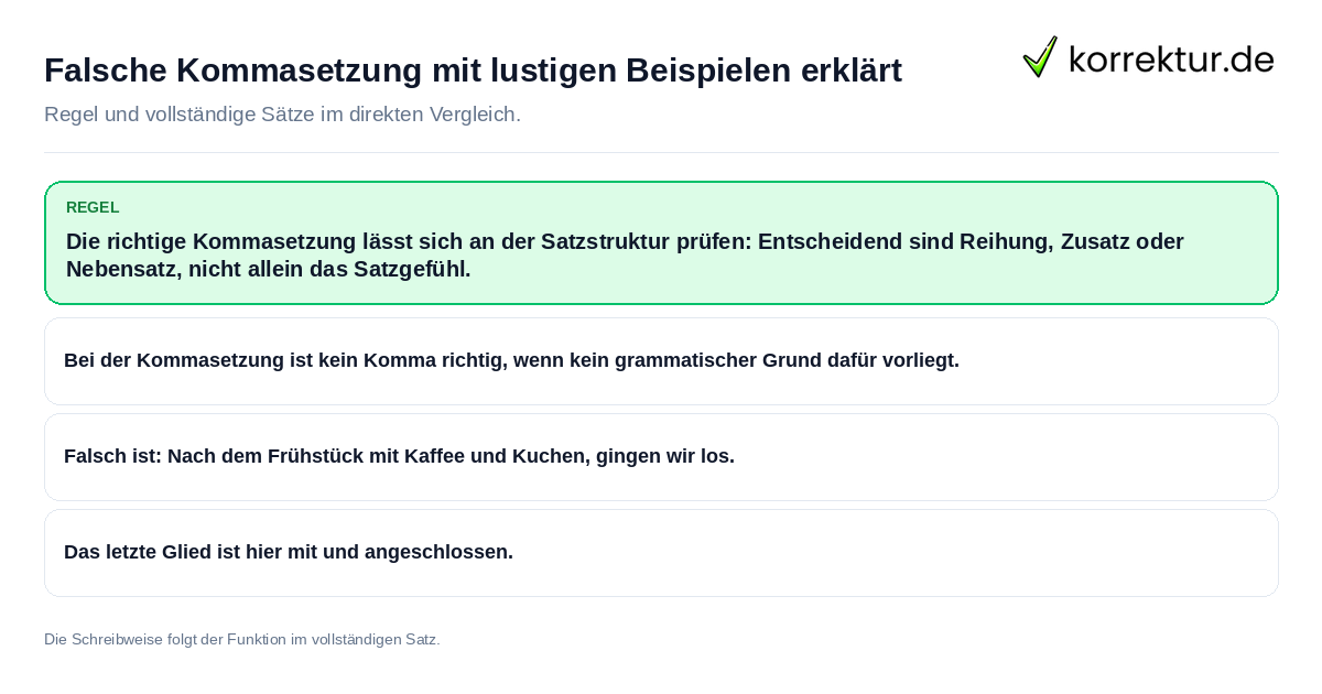 Konkrete Regel und vollständige Beispielsätze zu Falsche Kommasetzung mit lustigen Beispielen