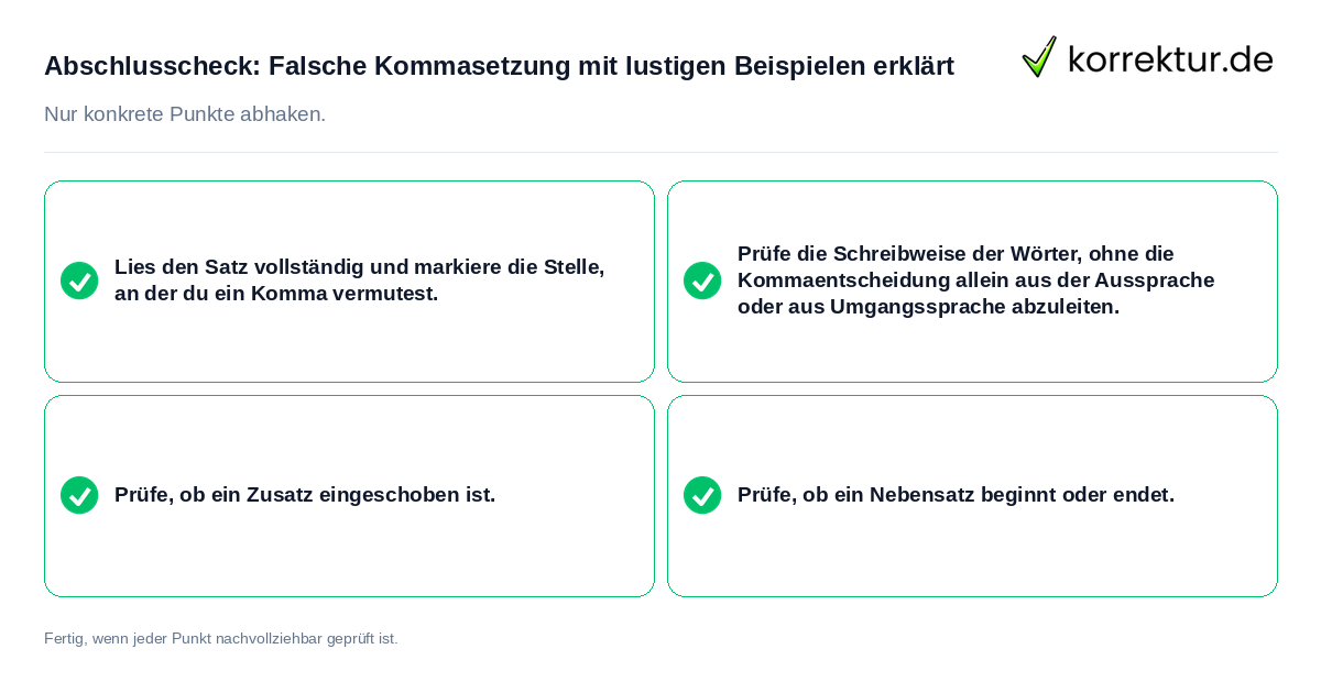Konkreter Abschlusscheck zu Falsche Kommasetzung mit lustigen Beispielen erklärt