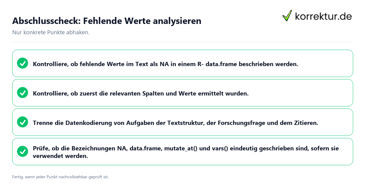 Abschlusscheck: Fehlende Werte analysieren Konkreter Abschlusscheck zu Fehlende Werte analysieren