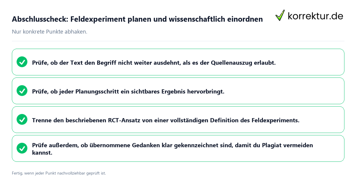 Konkreter Abschlusscheck zu Feldexperiment planen und wissenschaftlich einordnen