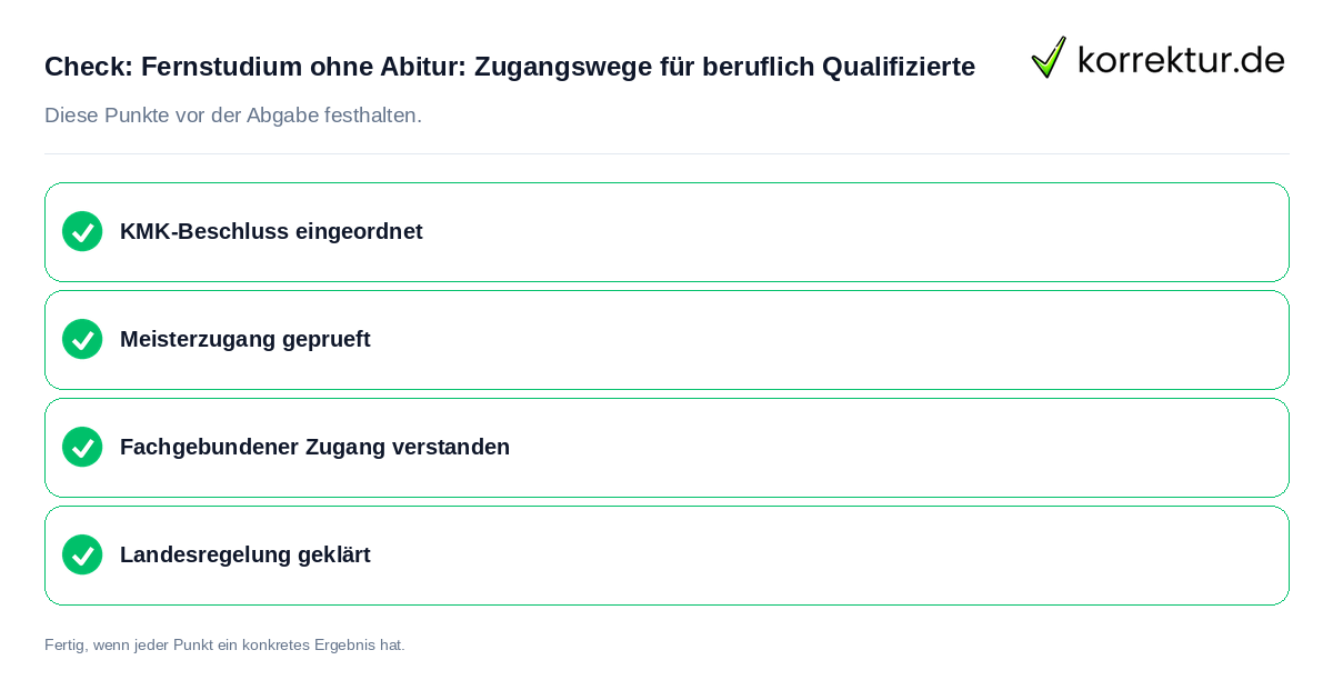 Check: Fernstudium ohne Abitur: Zugangswege für beruflich Qualifizierte Fernstudium ohne Abitur: Zugangswege für beruflich Qualifizierte: Prüfliste mit vier Punkten