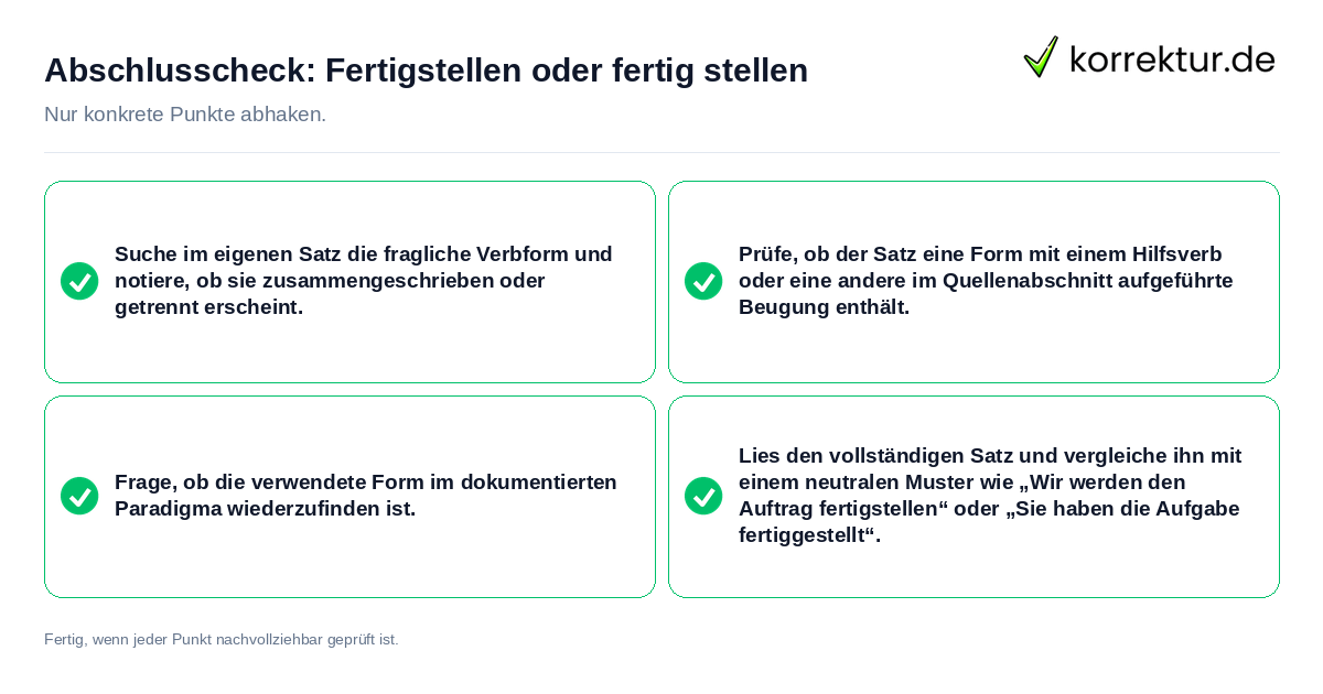 Konkreter Abschlusscheck zu Fertigstellen oder fertig stellen