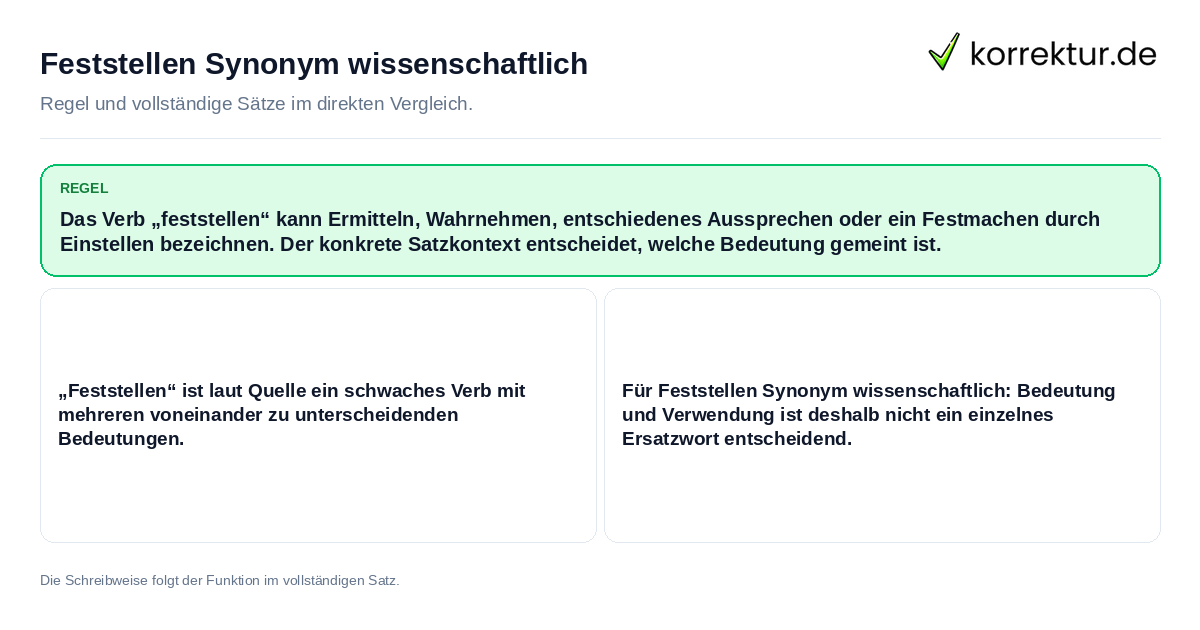 Feststellen Synonym wissenschaftlich Konkrete Regel und vollständige Beispielsätze zu Feststellen Synonym wissenschaftlich