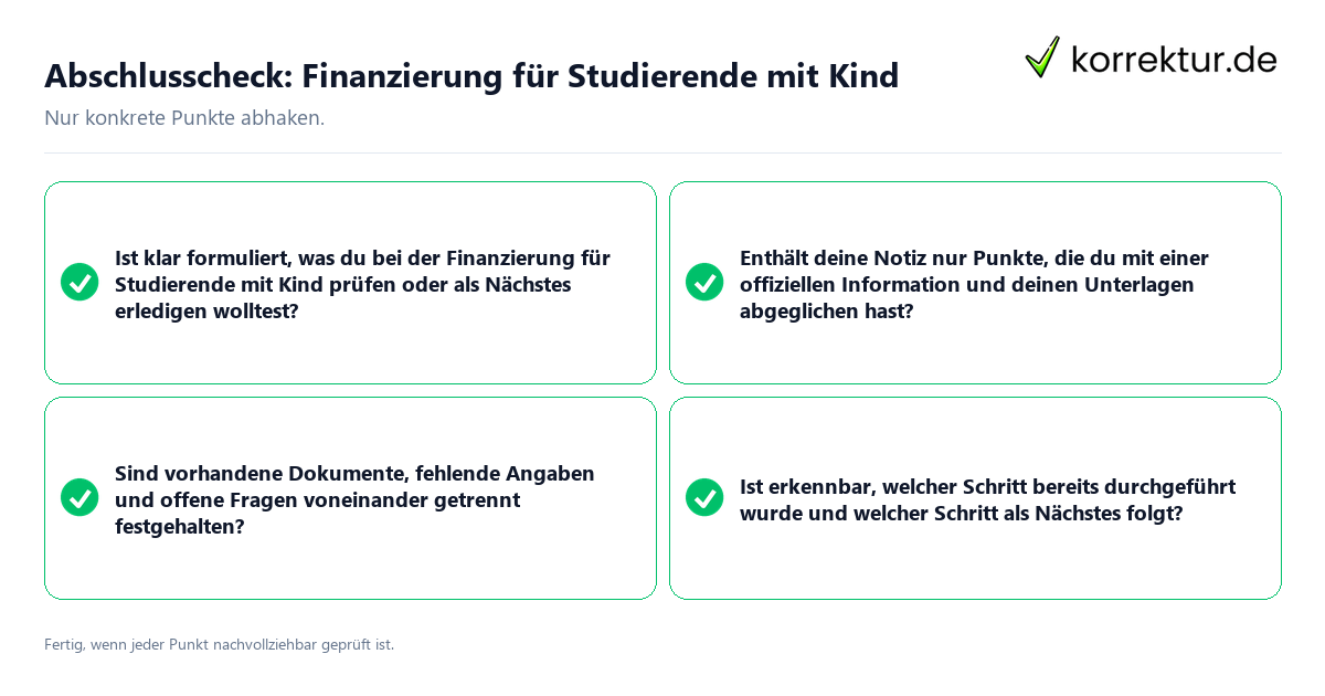 Konkreter Abschlusscheck zu Finanzierung für Studierende mit Kind