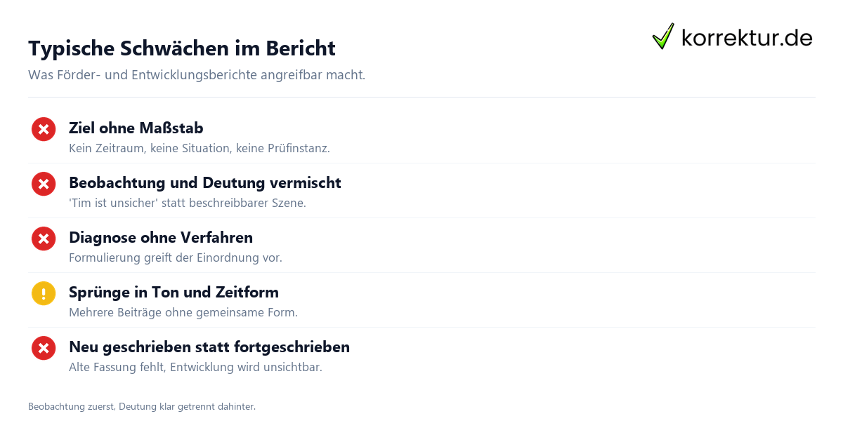 Typische Schwächen im Bericht Checkliste Förderplan und Entwicklungsbericht schreiben: typische Schwächen