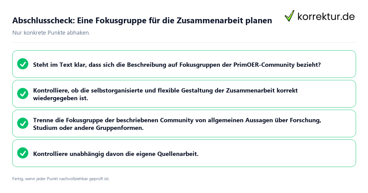 Konkreter Abschlusscheck zu Eine Fokusgruppe für die Zusammenarbeit planen