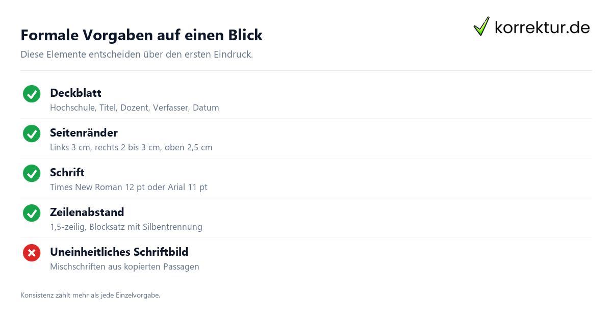 Formale Vorgaben auf einen Blick Formatierung Hausarbeit Vorgaben Deckblatt Ränder Schrift