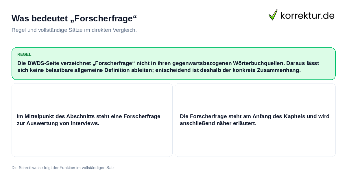 Konkrete Regel und vollständige Beispielsätze zu Was bedeutet „Forscherfrage“