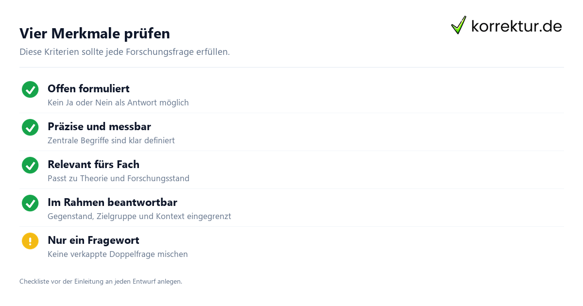 Forschungsfrage Beispiele: Checkliste mit vier Merkmalen einer guten Frage
