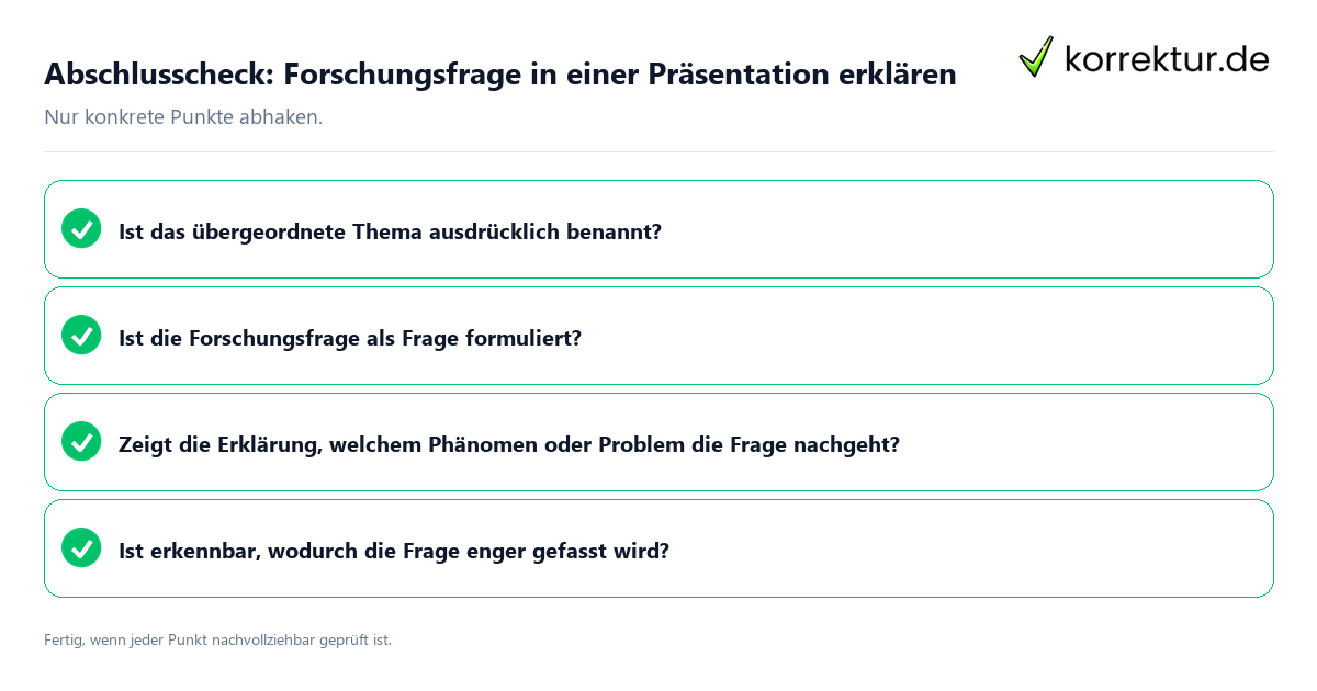 Konkreter Abschlusscheck zu Forschungsfrage in einer Präsentation erklären