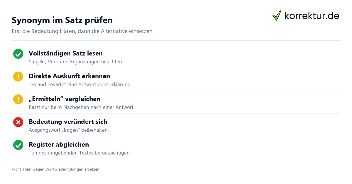 Synonyme für Fragen sicher im Satz verwenden: Prüfkriterien