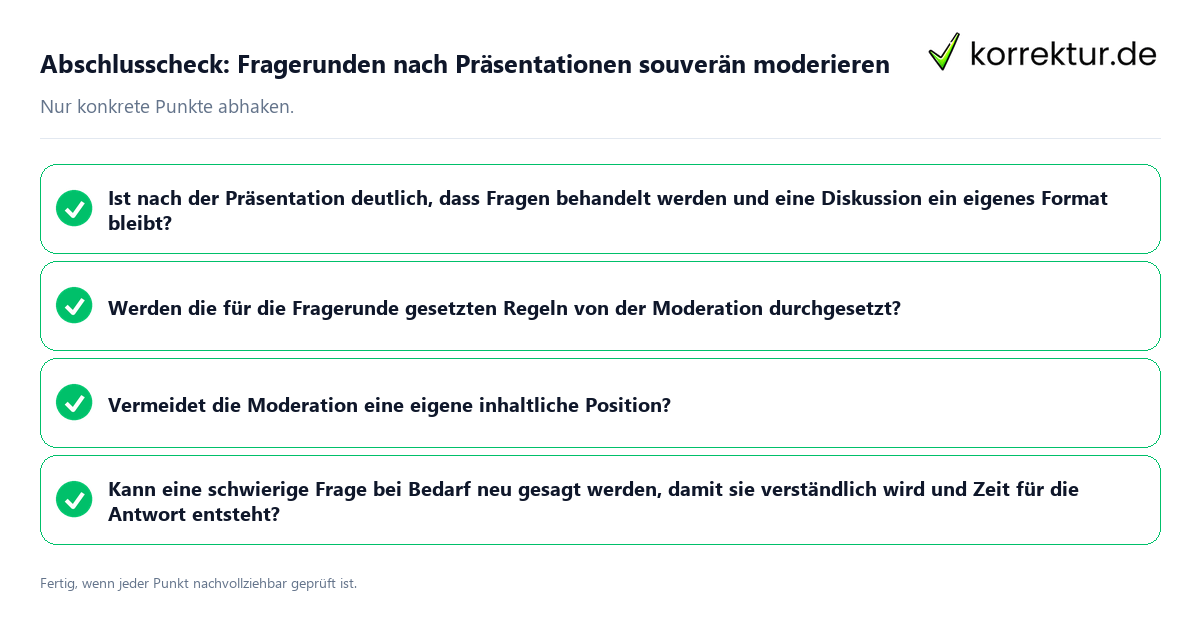 Konkreter Abschlusscheck zu Fragerunden nach Präsentationen souverän moderieren
