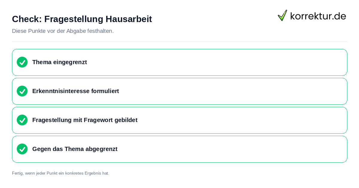 Check: Fragestellung Hausarbeit Fragestellung Hausarbeit: Prüfliste mit vier Punkten