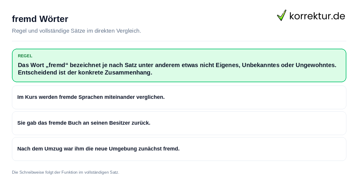 Konkrete Regel und vollständige Beispielsätze zu fremd Wörter