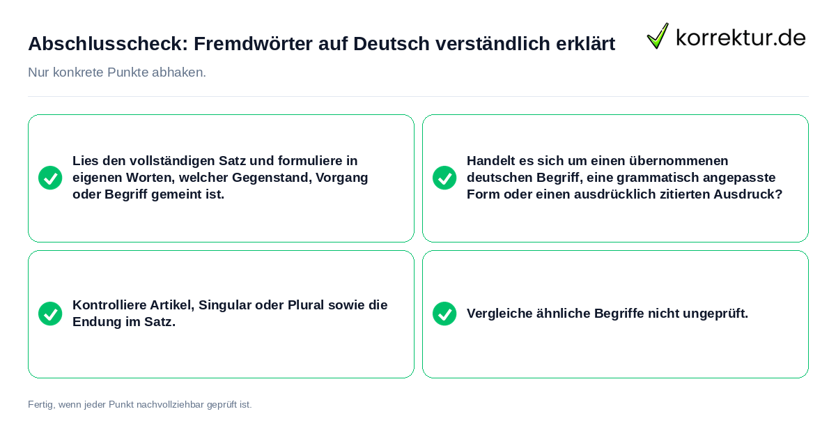 Konkreter Abschlusscheck zu Fremdwörter auf Deutsch verständlich erklärt