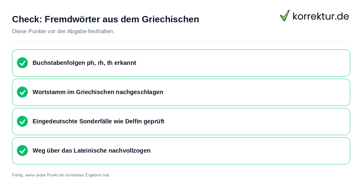 Check: Fremdwörter aus dem Griechischen Fremdwörter aus dem Griechischen: Prüfliste mit vier Punkten