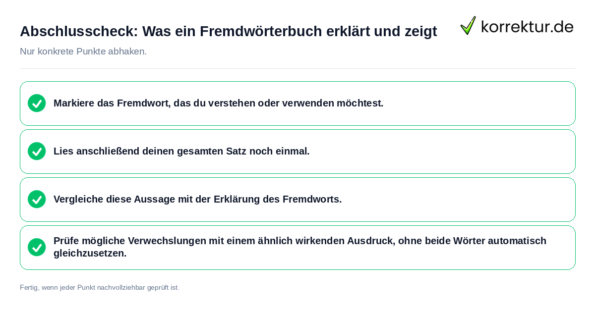 Konkreter Abschlusscheck zu Was ein Fremdwörterbuch erklärt und zeigt
