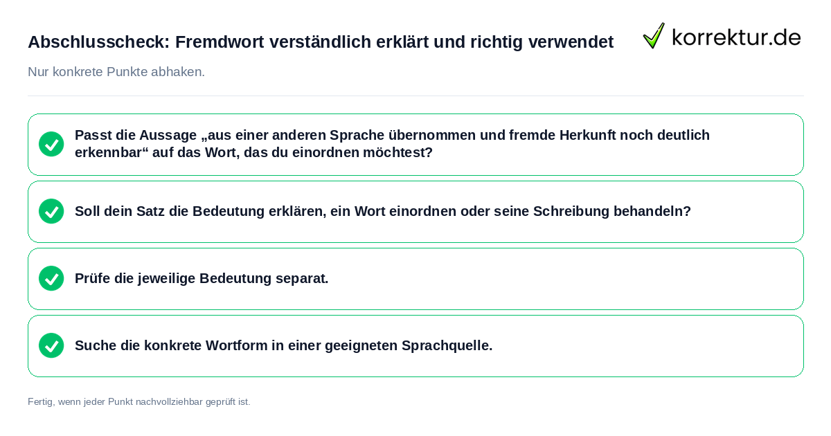 Konkreter Abschlusscheck zu Fremdwort verständlich erklärt und richtig verwendet