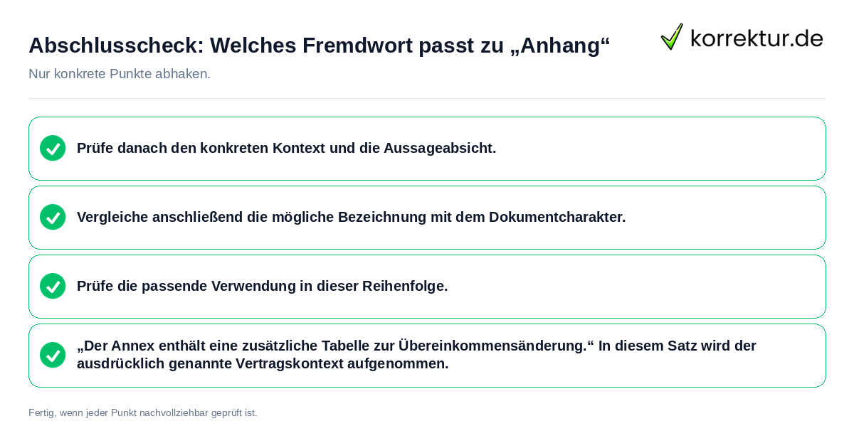 Abschlusscheck: Welches Fremdwort passt zu „Anhang“ Konkreter Abschlusscheck zu Welches Fremdwort passt zu „Anhang“