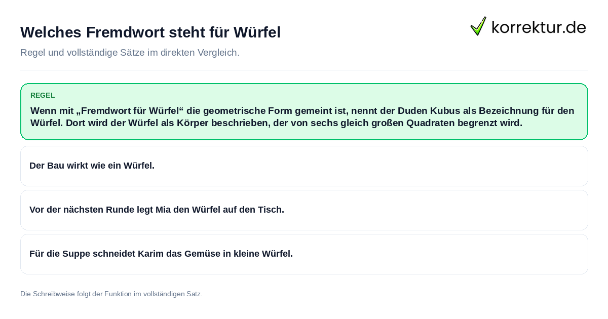 Welches Fremdwort steht für Würfel Konkrete Regel und vollständige Beispielsätze zu Welches Fremdwort steht für Würfel