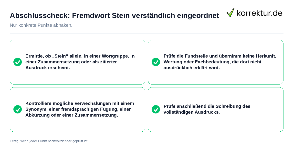 Konkreter Abschlusscheck zu Fremdwort Stein verständlich eingeordnet