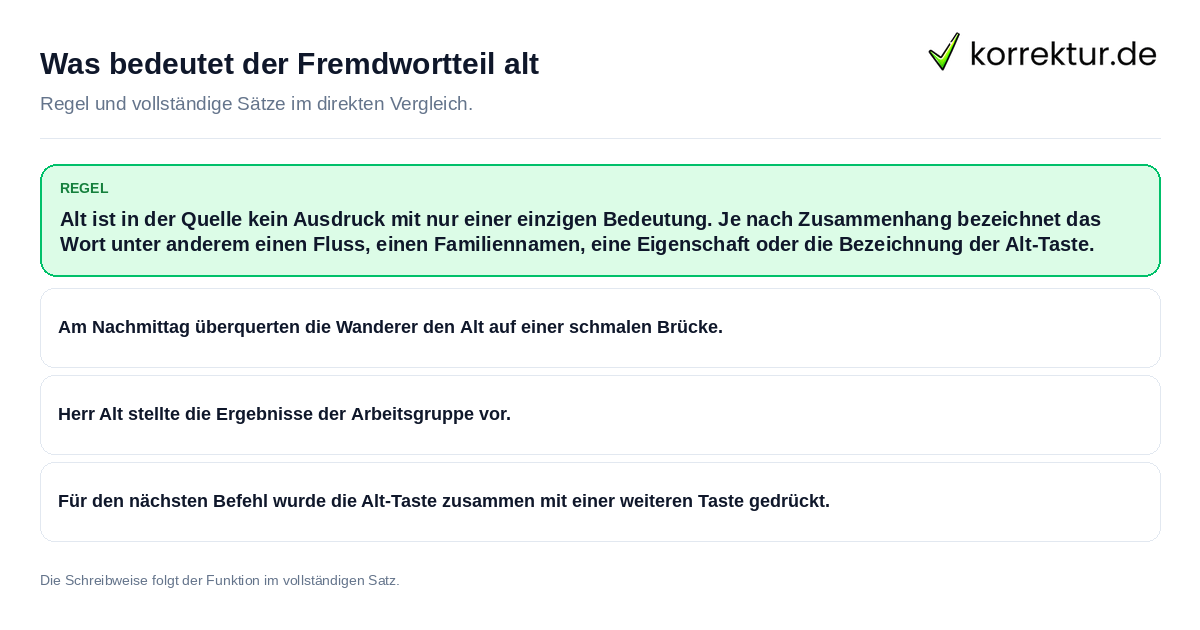 Konkrete Regel und vollständige Beispielsätze zu Was bedeutet der Fremdwortteil alt