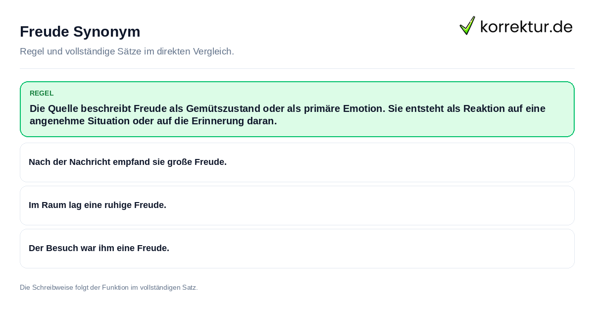Konkrete Regel und vollständige Beispielsätze zu Freude Synonym