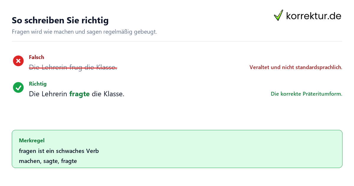 So schreiben Sie richtig Frug oder fragte richtig anwenden mit Rotstift-Beispiel