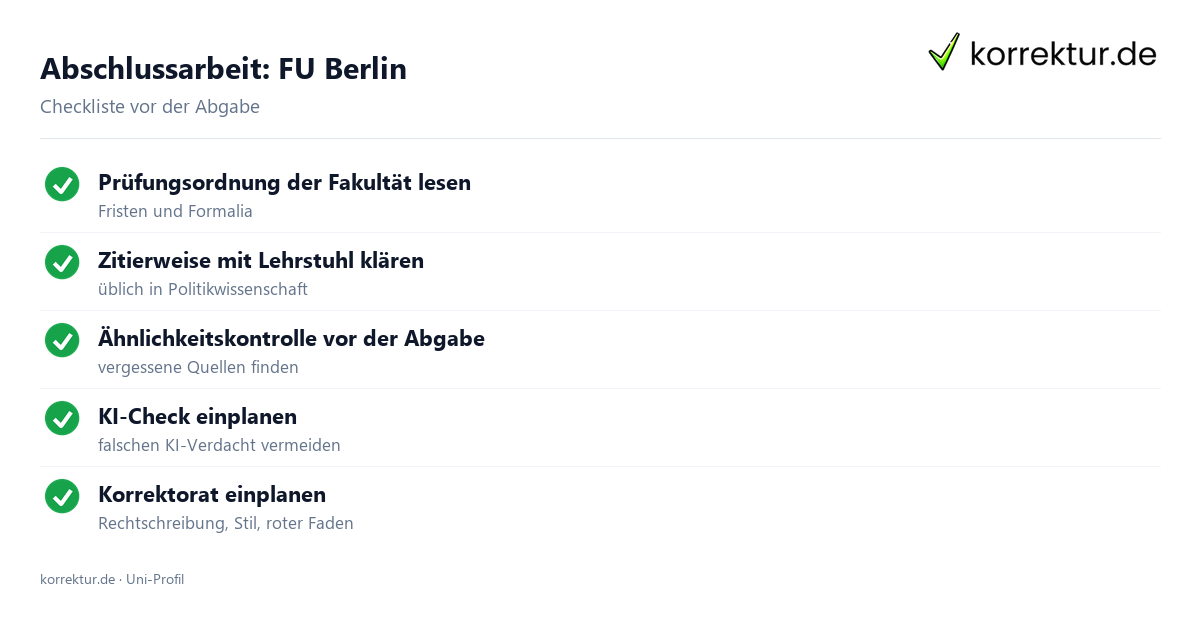 Abschlussarbeit an der FU Berlin – Checkliste vor der Abgabe Abschlussarbeit FU Berlin: Formalia, Fristen und Ähnlichkeitskontrolle als Checkliste