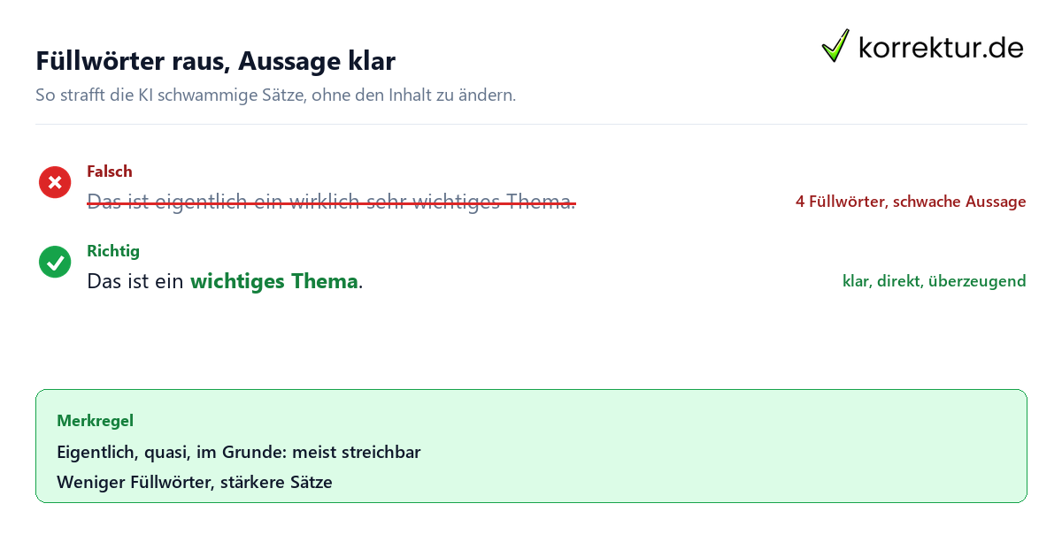 Füllwörter entfernen mit KI online: schwammiger Satz vs. gestraffte Version