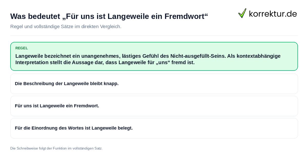Konkrete Regel und vollständige Beispielsätze zu Was bedeutet „Für uns ist Langeweile ein Fremdwort“