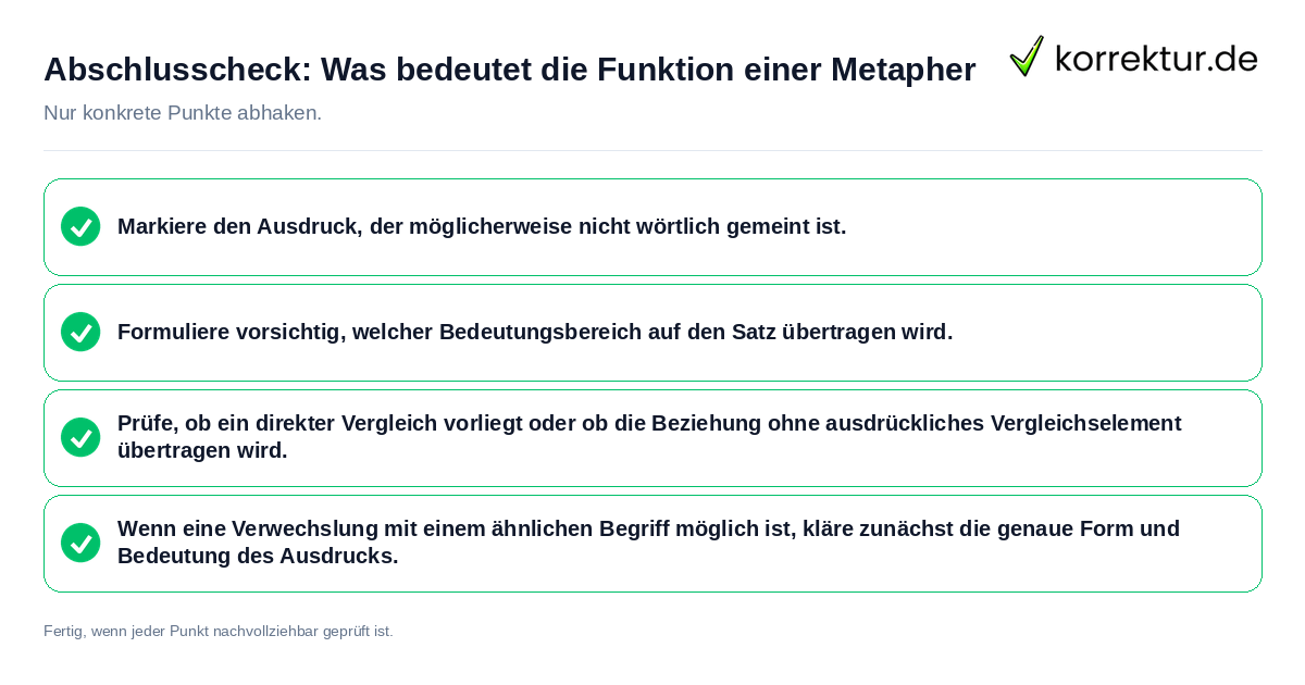 Konkreter Abschlusscheck zu Was bedeutet die Funktion einer Metapher