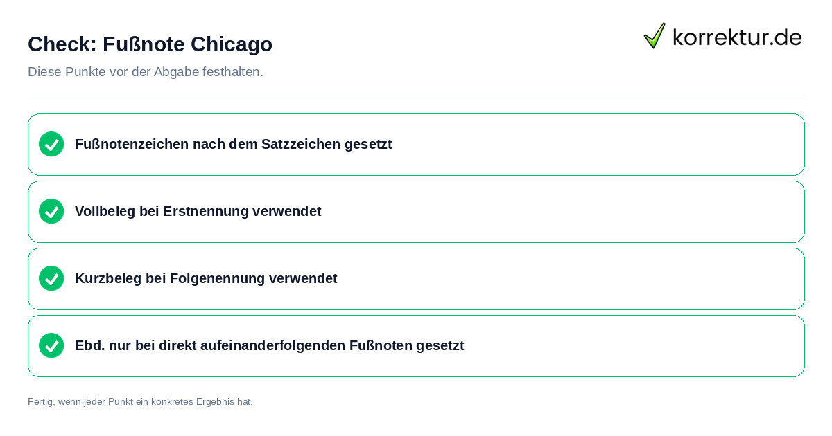 Fußnote Chicago: Prüfliste mit vier Punkten