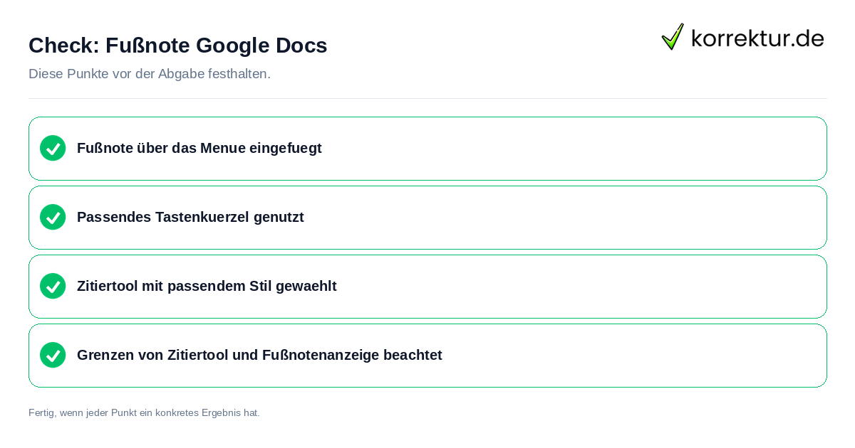 Fußnote Google Docs: Prüfliste mit vier Punkten