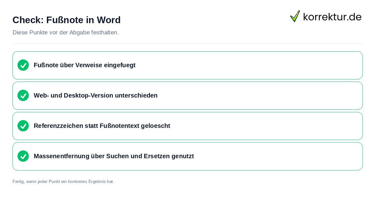 Fußnote in Word: Prüfliste mit vier Punkten