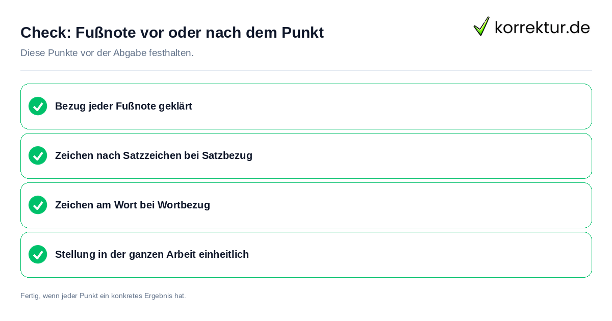 Fußnote vor oder nach dem Punkt: Prüfliste mit vier Punkten