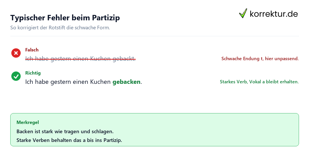 Typischer Fehler beim Partizip Merksatz gebacken oder gebackt: Rotstift-Korrektur
