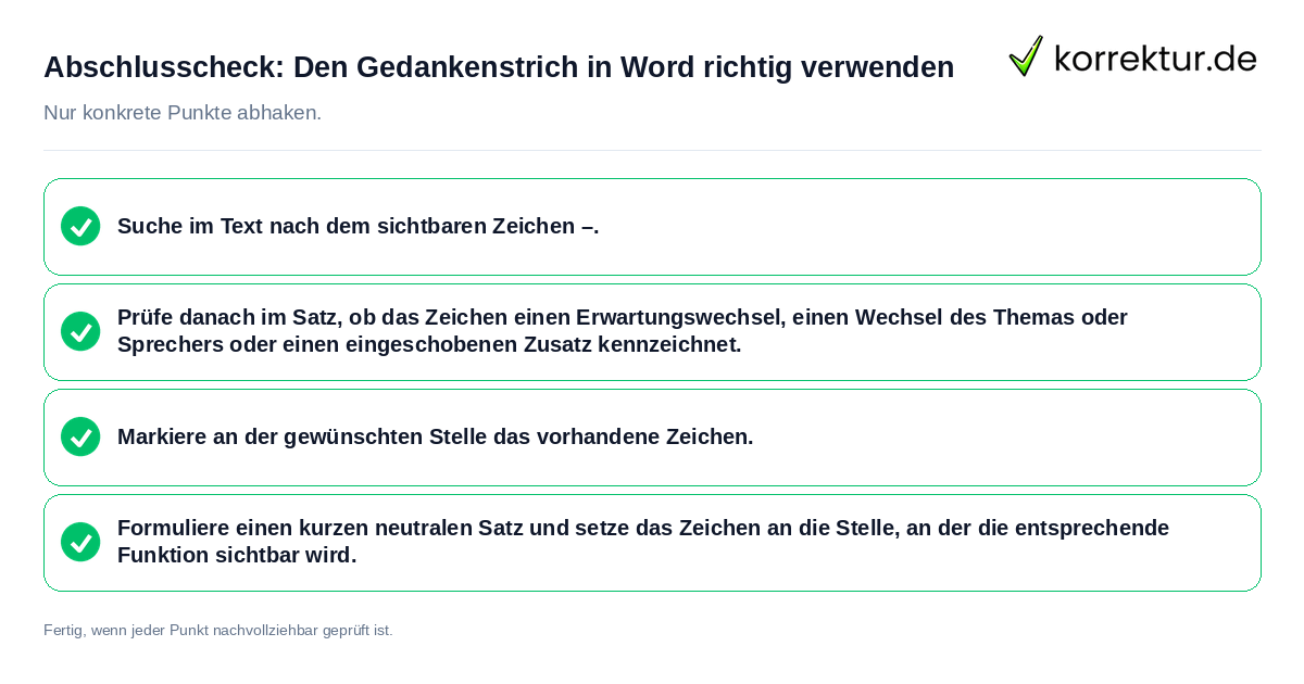 Konkreter Abschlusscheck zu Den Gedankenstrich in Word richtig verwenden