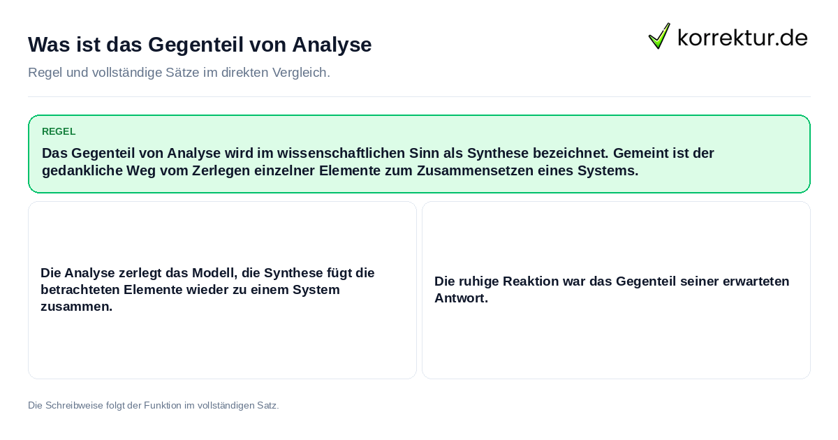 Konkrete Regel und vollständige Beispielsätze zu Was ist das Gegenteil von Analyse
