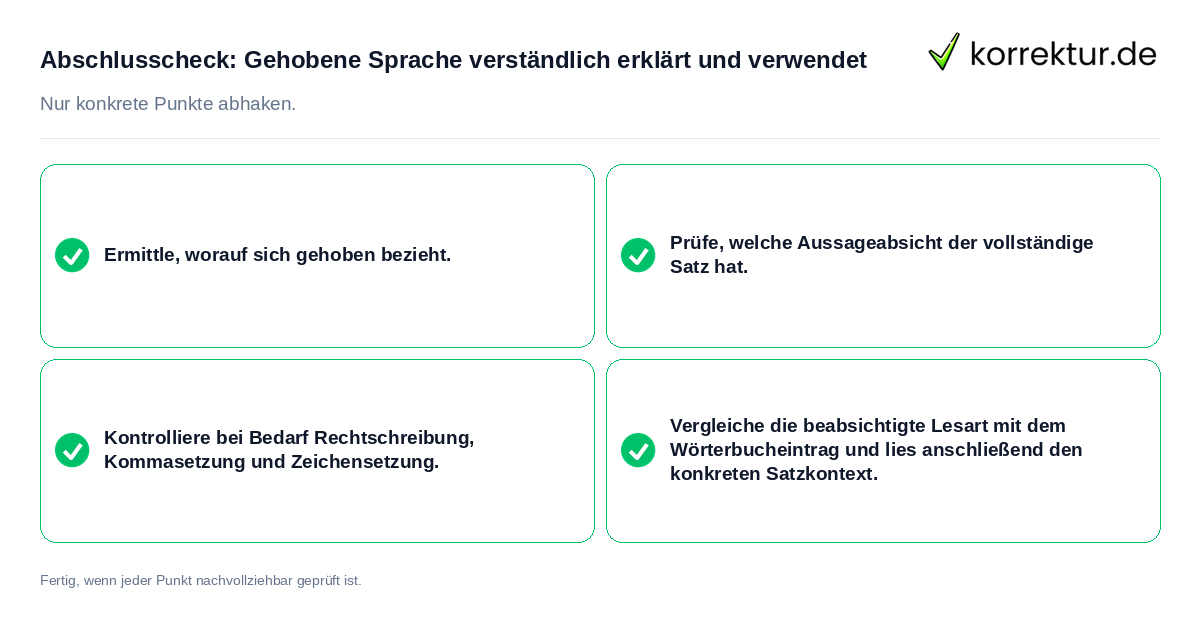Konkreter Abschlusscheck zu Gehobene Sprache verständlich erklärt und verwendet