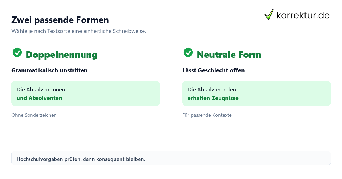 Zwei passende Formen Gendern Absolvent: Doppelnennung und neutrale Form im Vergleich