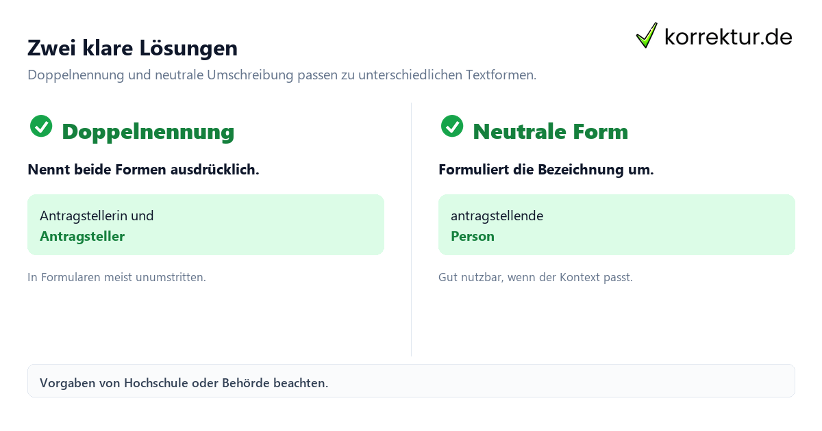 Zwei klare Lösungen Gendern Antragsteller: Doppelnennung und neutrale Alternative im Vergleich